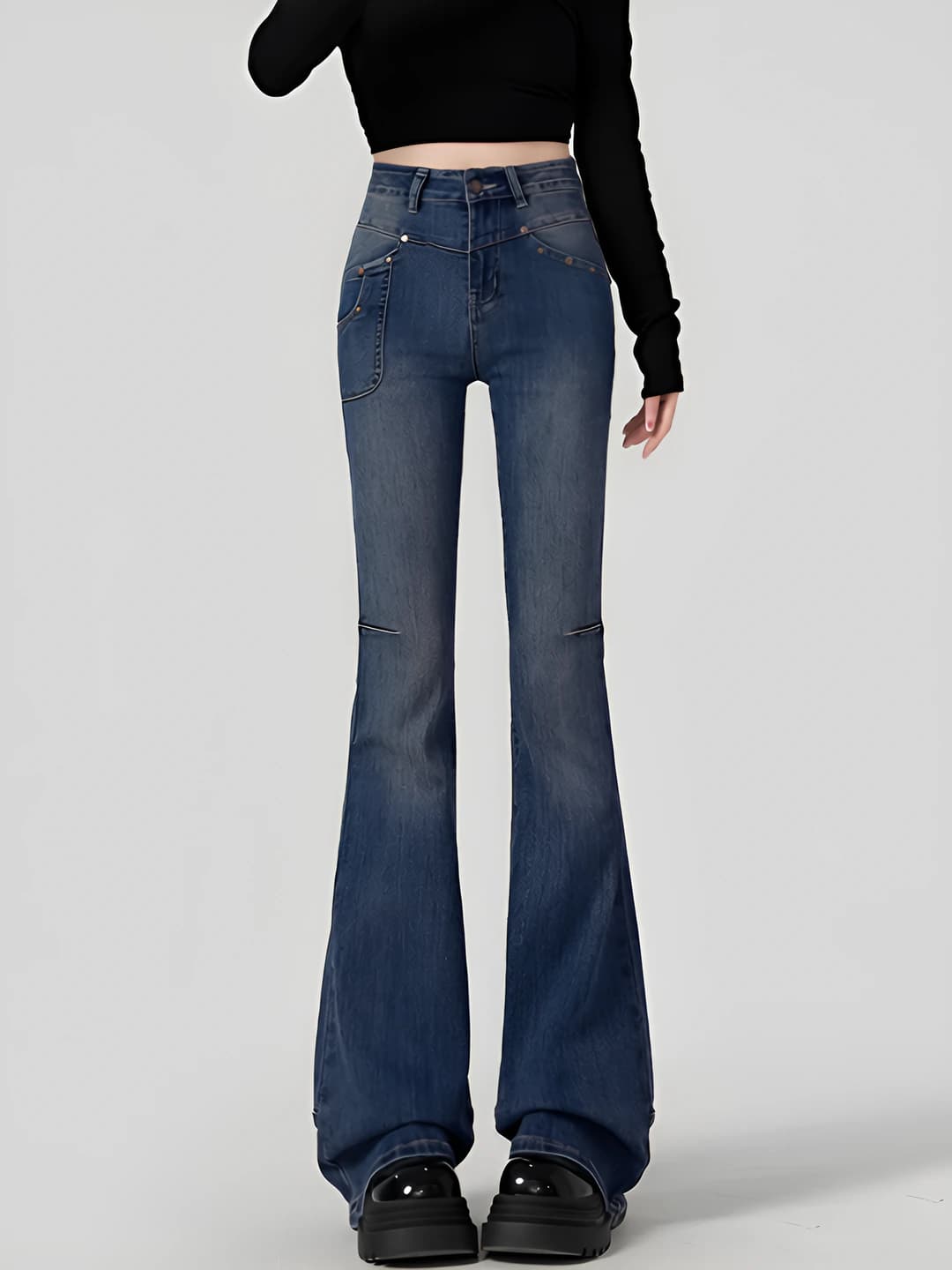 Women's high waist micro-flared jeans with rivets, slimming effect, for spring-autumn