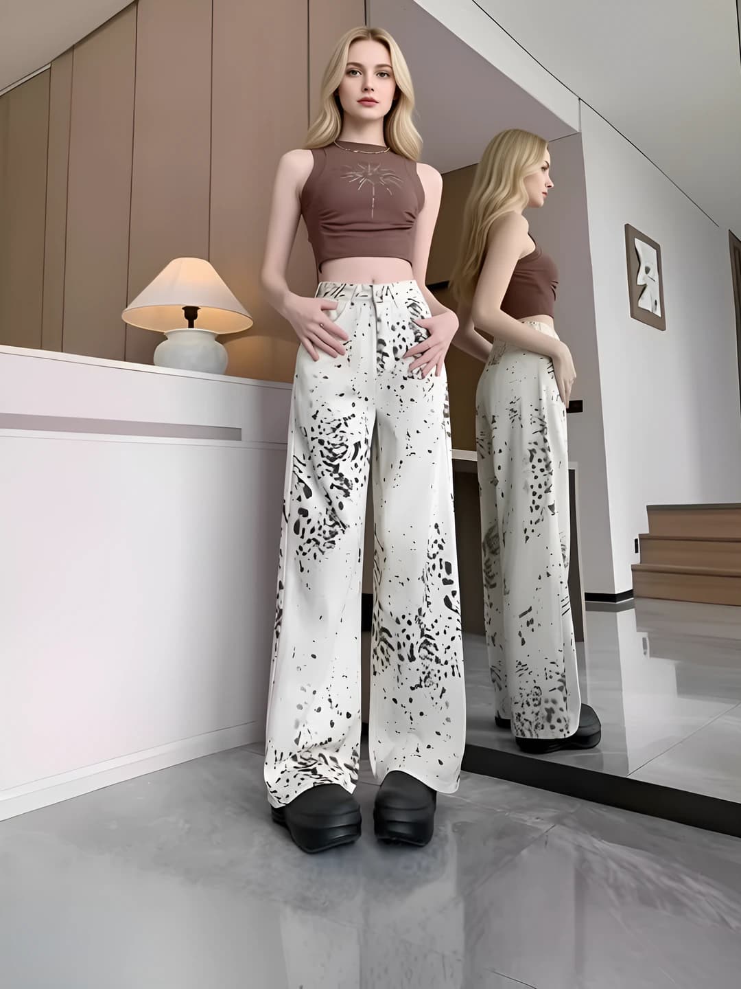Women's 2026 spring-autumn retro leopard print wide-leg jeans, thin, loose fit, high waist