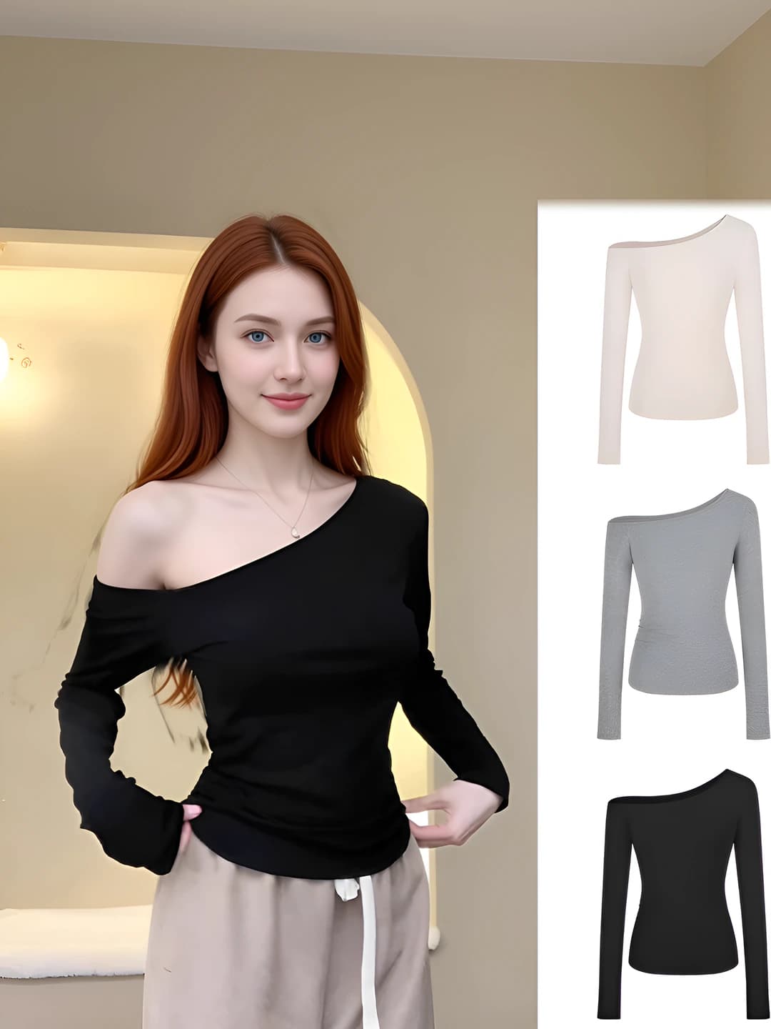 Ayollar uchun qora rangli uzun yengli off-shoulder longsliv, tanaga yopishgan, nozik ko'rsatadigan, bir rangli, erta kuz uchun