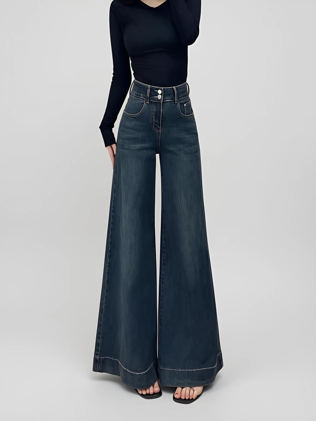 Women's retro wide and flared jeans, dark blue, high waist, straight cut, slimming, spring-autumn 2026