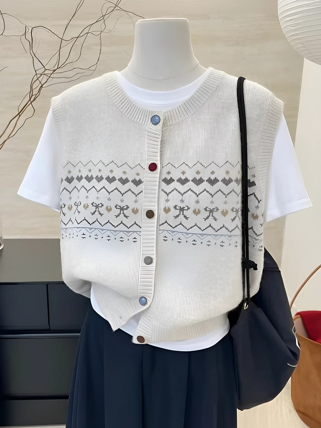 Women's retro cashmere knit vest, crew neck, casual, loose fit, spring-autumn