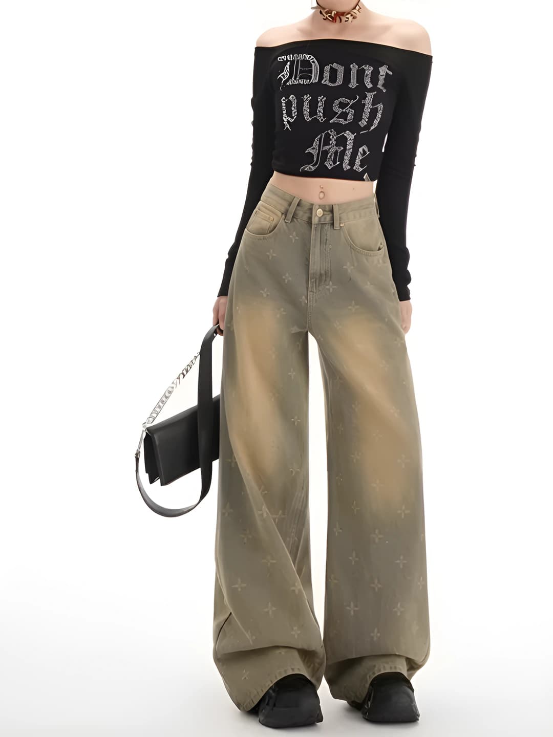 Ayollar uchun keng va klesh jinsi shimlar, baland bel, uzun shim, bahor-kuz, to'g'ri kesim, bo'sh (oversize), yulduzli dizayn