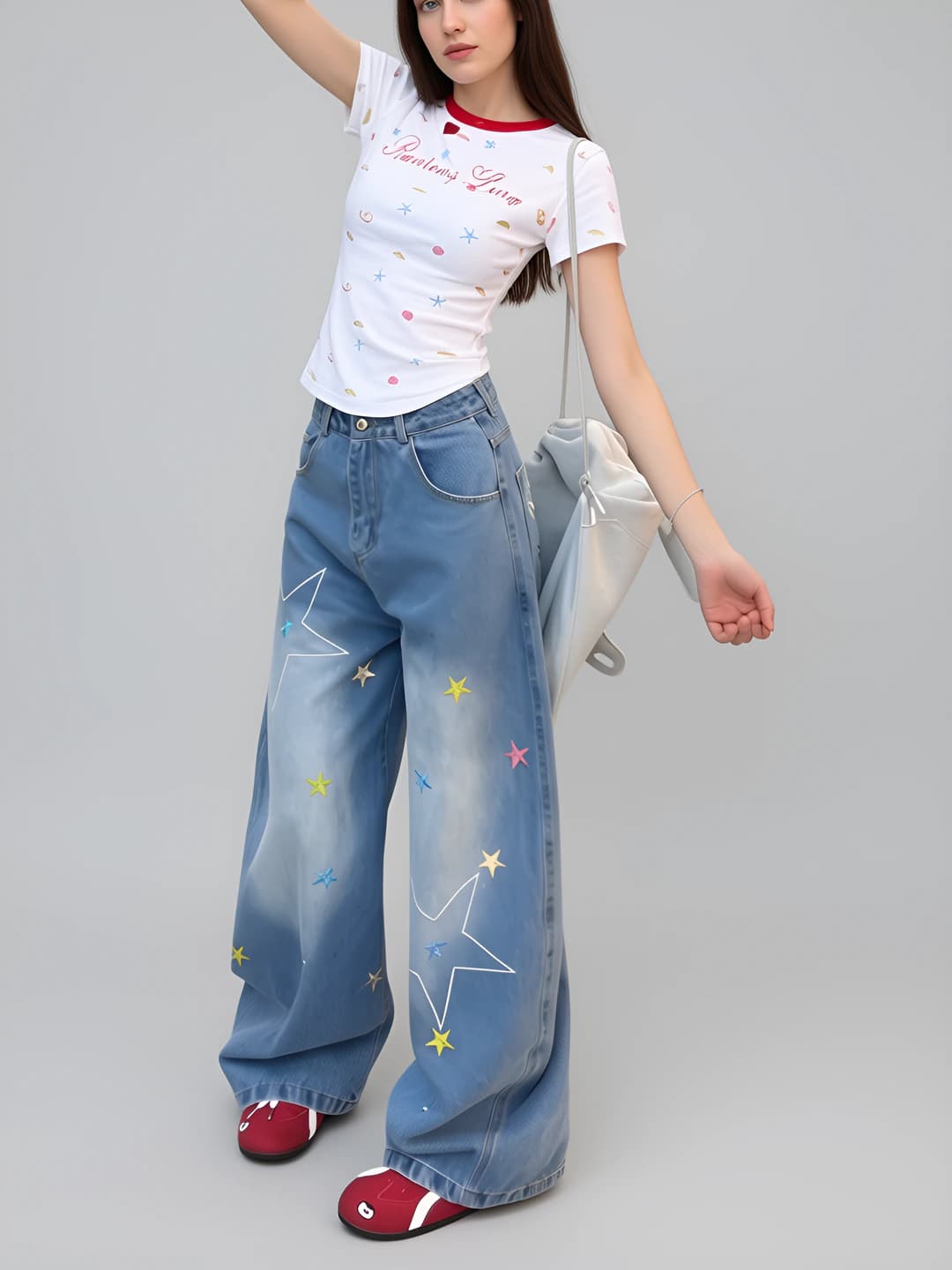 Ayollar uchun keng va klesh jinsi shimlar, yulduz kashtali, bahor-kuz, bo'sh (oversize) fit, fermuarli, o'rta bel, 50%–70% paxta