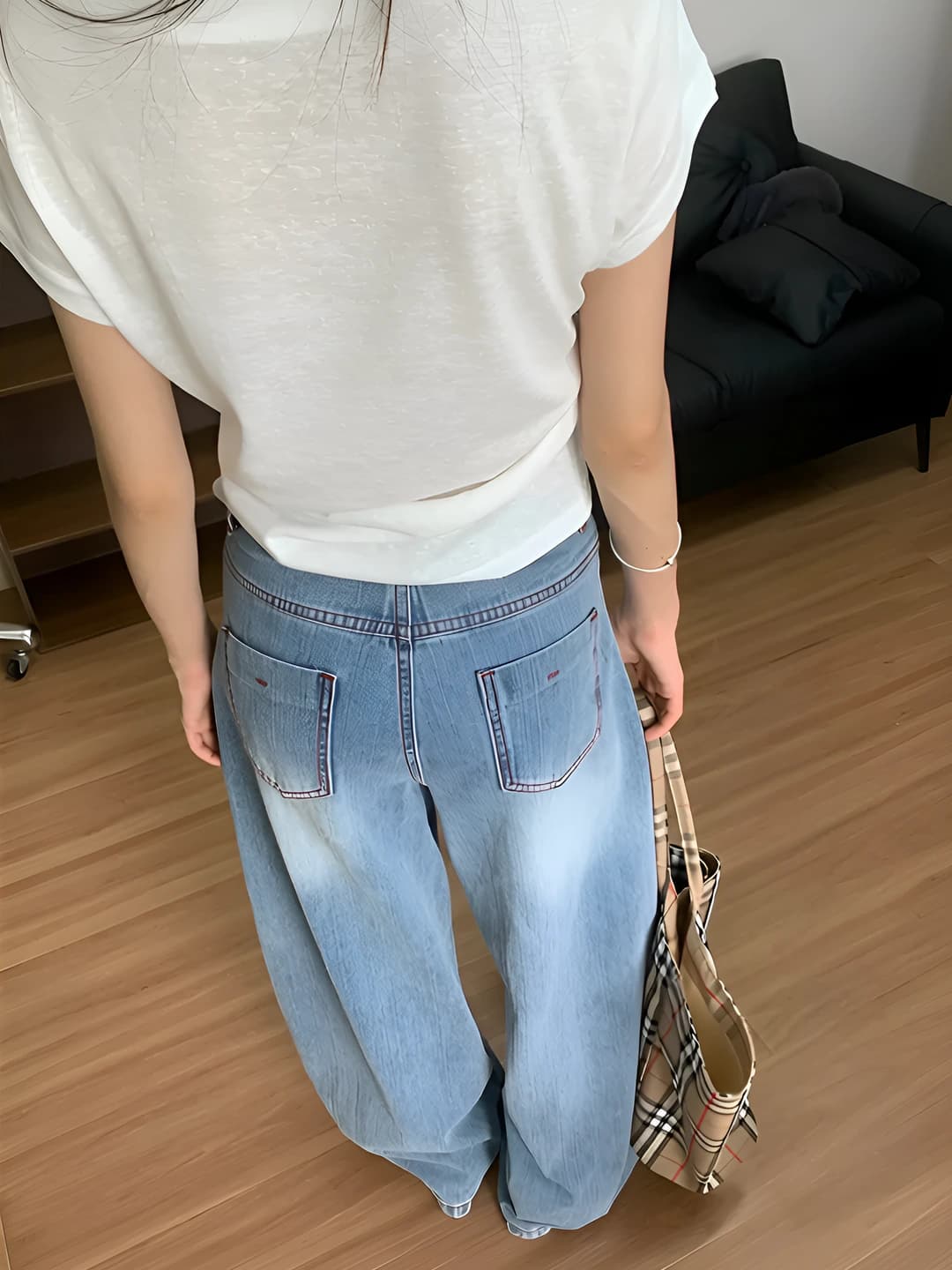 Women's wide and flared jeans for spring-autumn, high waist, loose fit, slimming, trousers, zip, 50%–70% cotton, street style