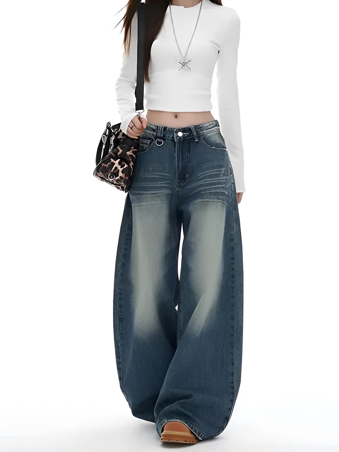 Women's wide and flared jeans, high waist, loose fit, spring-autumn, slimming, floor-length