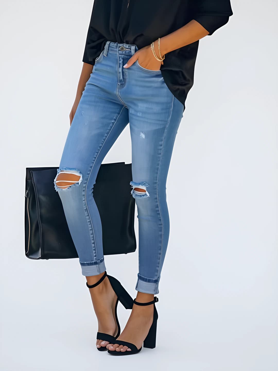 Women's slim-fit ripped jeans, blue, mid-waist, trousers, street style