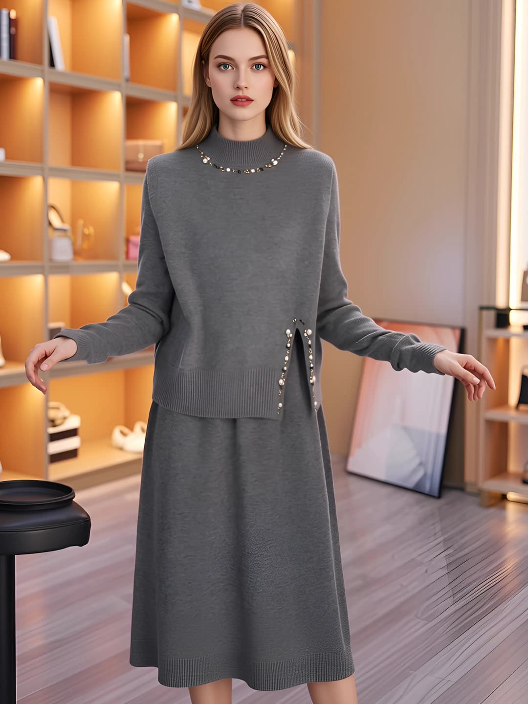 Women's sweater dress, two-piece set, 2026 autumn-winter, Korean style, crew neck, long sleeve, mid-length, A-line, solid colour