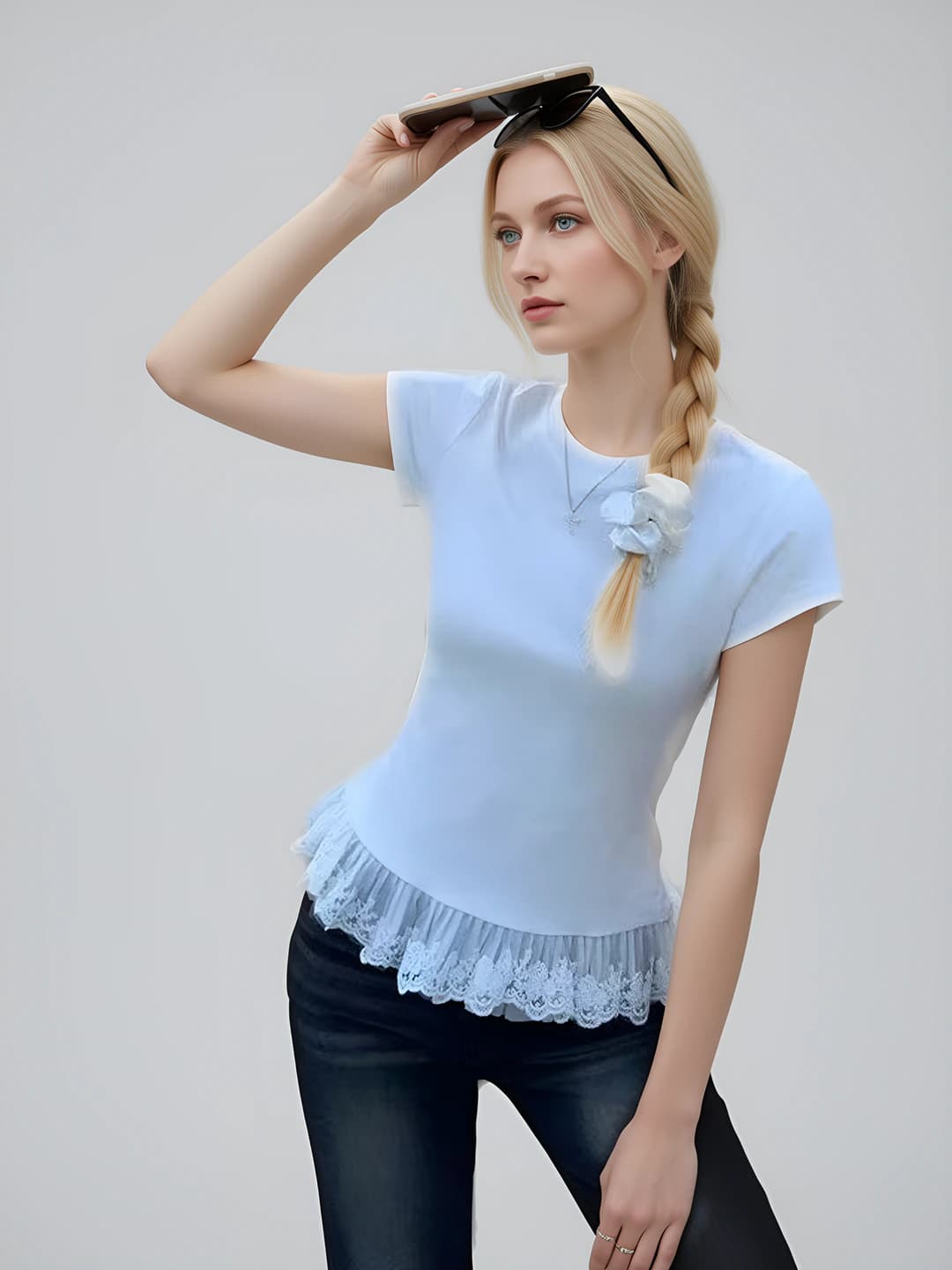 Women's summer short-sleeve t-shirt with lace trim, Korean style, A-line fit, crew neck, solid colour