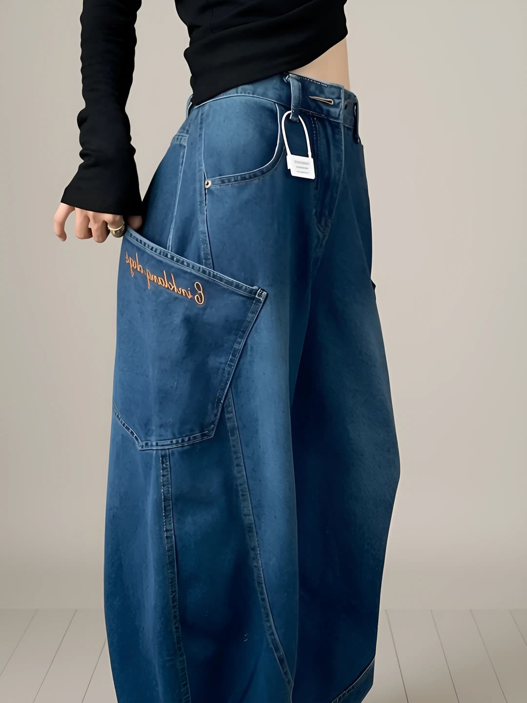 Ayollar uchun keng va klesh jinsi shimlar, retro, bo'sh (oversize), baland bel, uzun shim, bahor-kuz, to'q ko'k rang