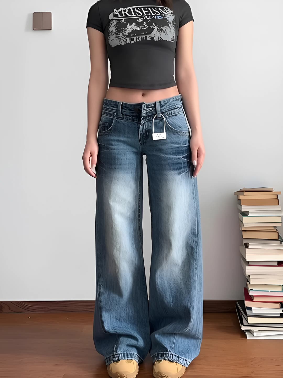 Women's wide and flared jeans spring-autumn, low waist, slimming, washed, wide-leg trousers, trousers, 50% (inclusive) - 70% (exclusive) cotton, street style