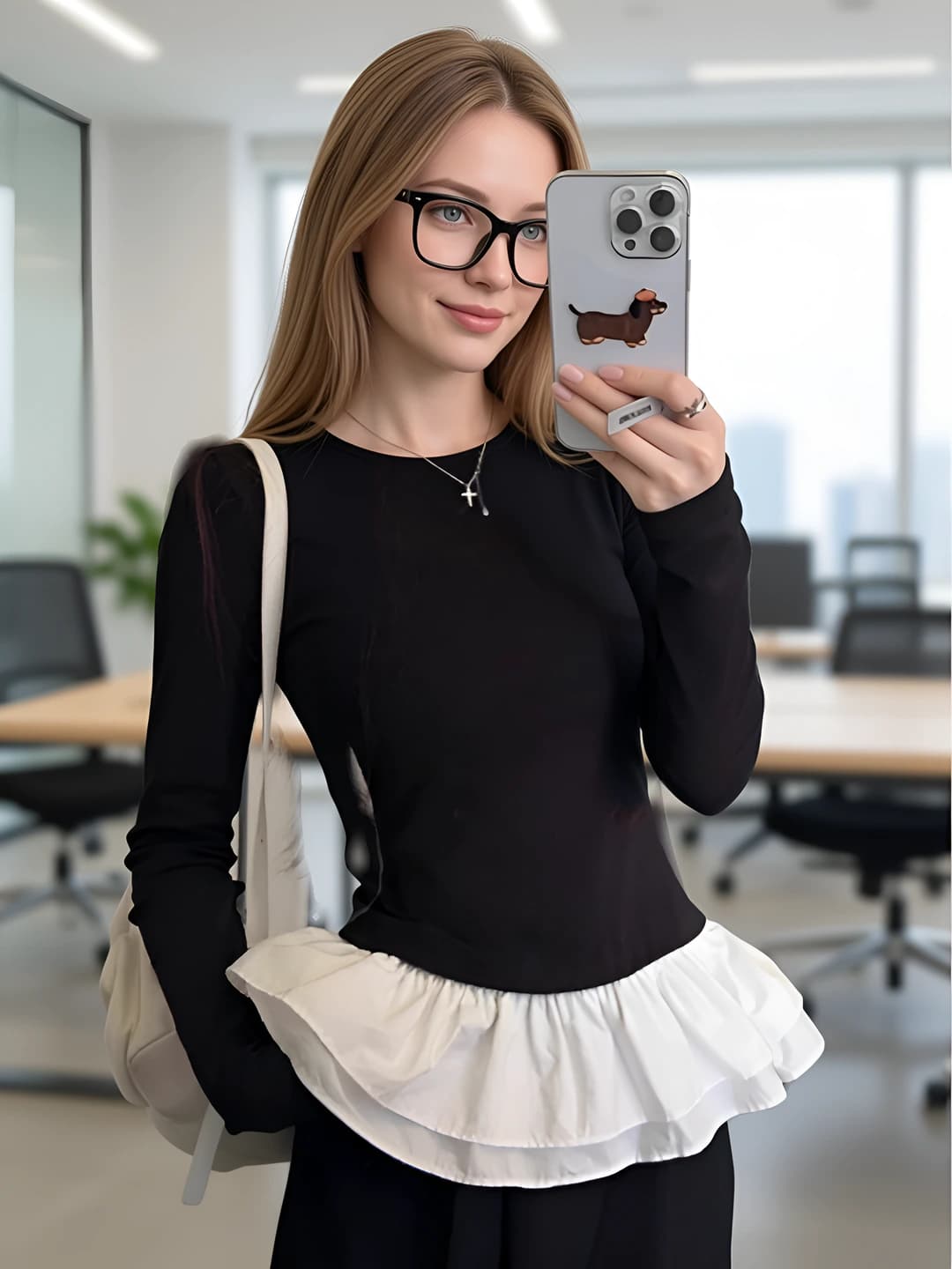Women's long sleeve top with ruffled peplum (faux two-piece), crew neck, slim fit, slimming