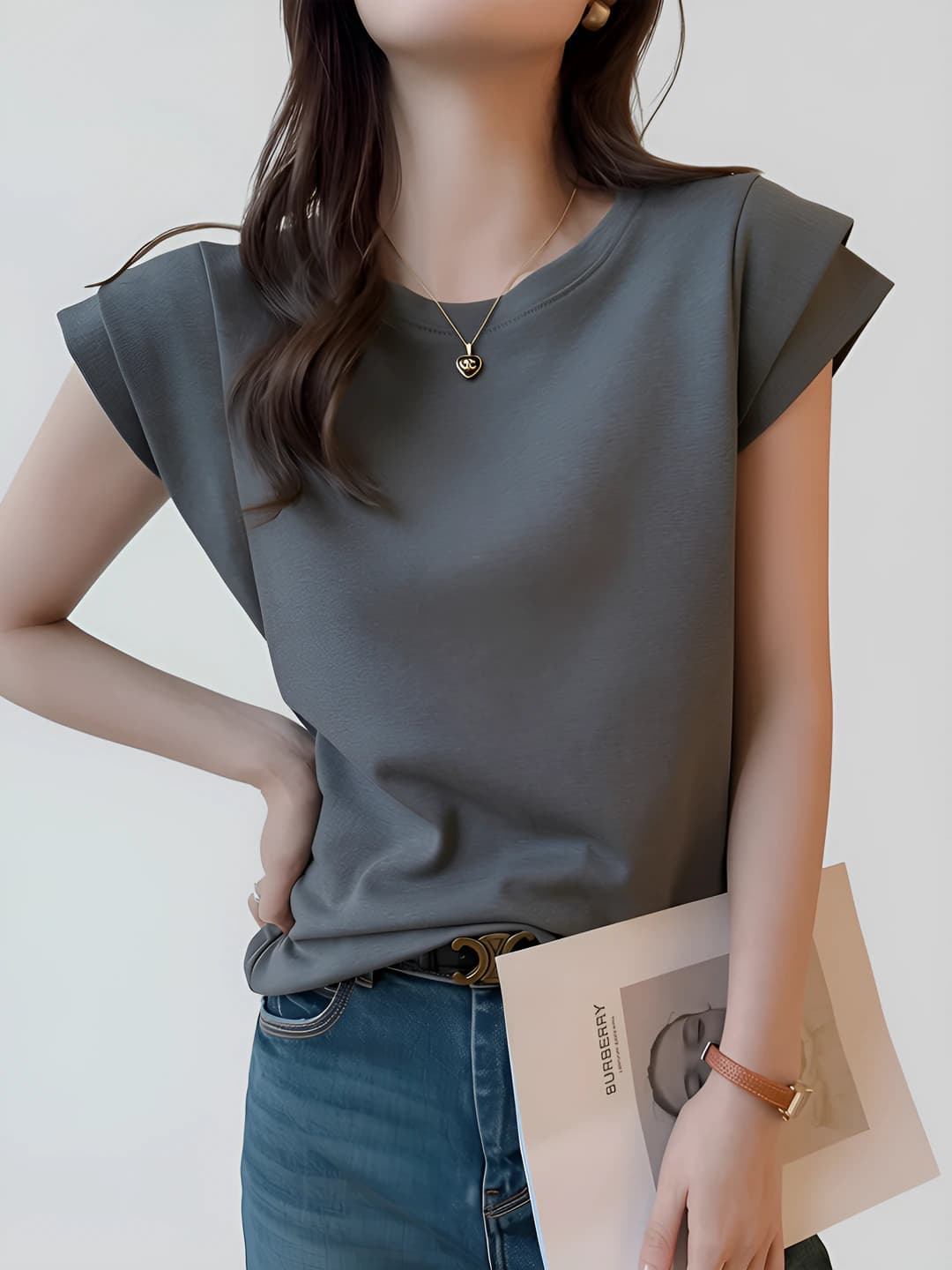 Women's sleeveless t-shirt, crew neck, solid colour, loose fit, spring-summer