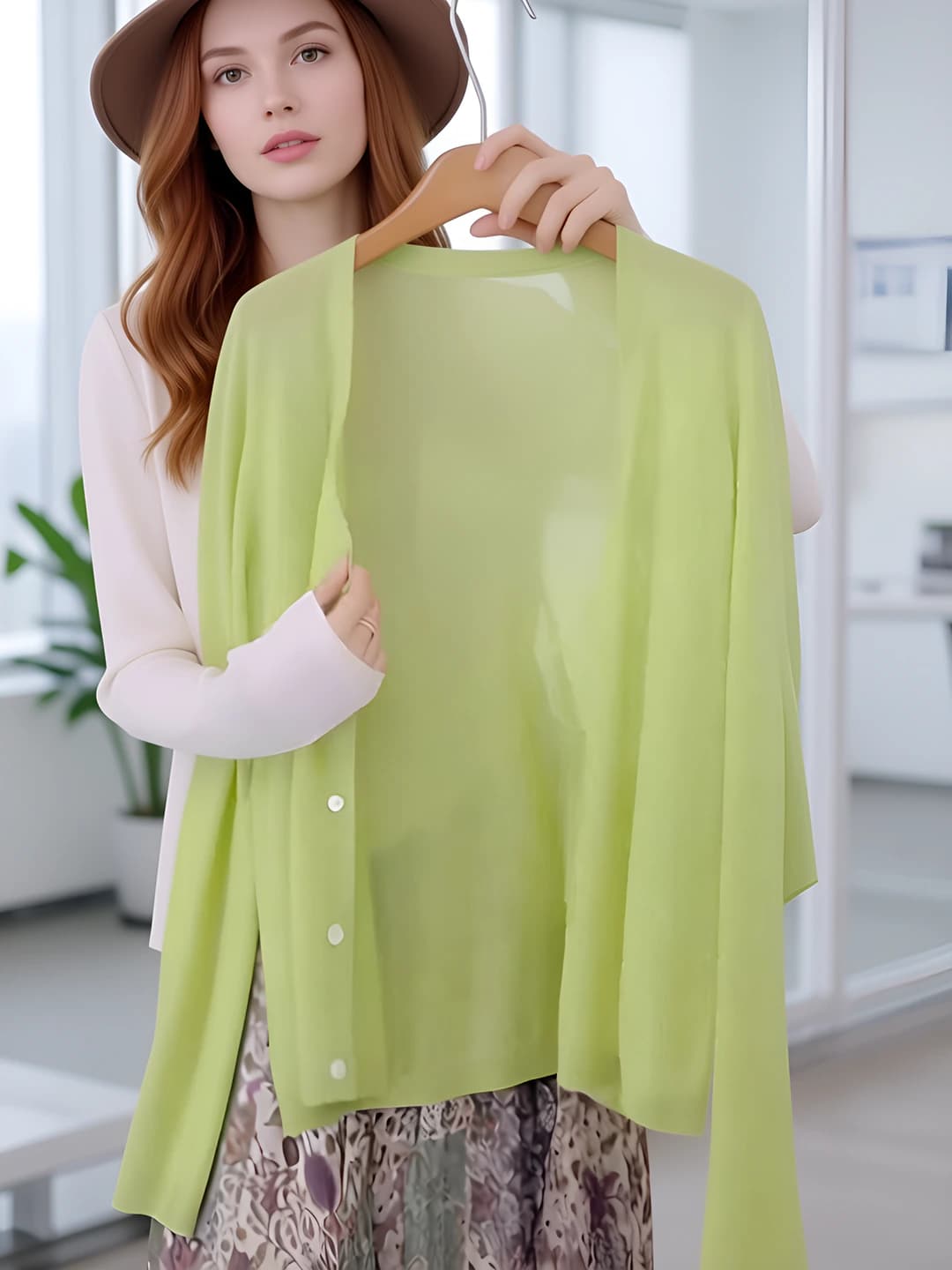 Women's summer sun-protective loose fit thin ice-silk fabric knit cardigan with lace and rhinestones, crew neck, long sleeve, slim fit