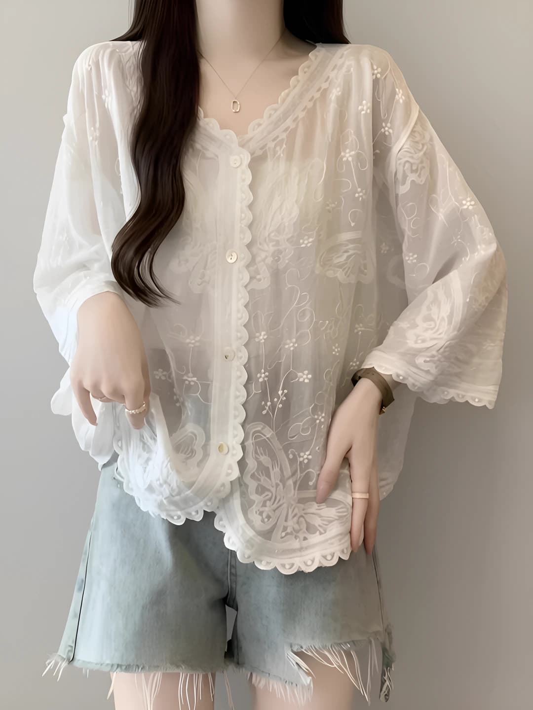 Women's embroidered lace blouse, plus size, thin, sun-protective, loose fit, summer, long sleeve, zip