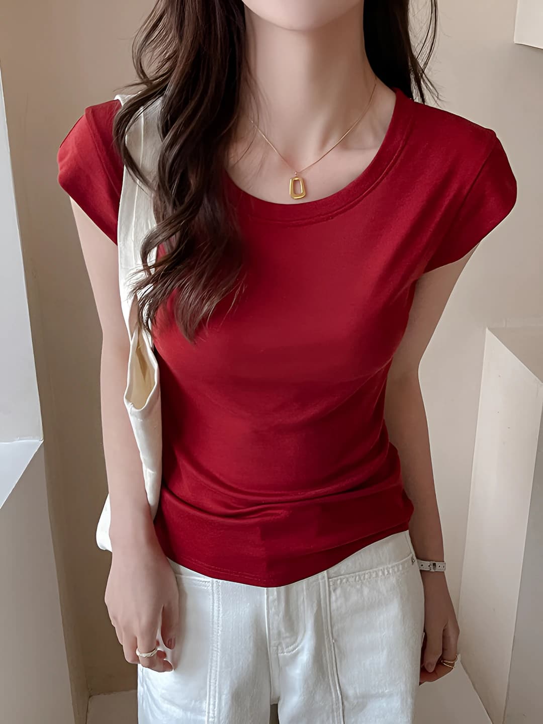 Women's short sleeve crew neck slim fit slimming solid colour t-shirt for spring-summer