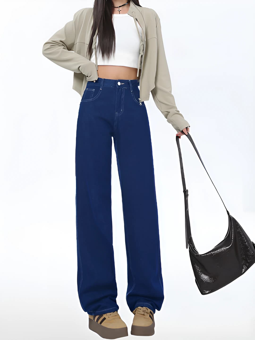 Ayollar uchun bahor-kuzgi keng va klesh jinsi shimlar, baland bel, bo'sh (oversize) va nozik ko'rsatadigan, ko'cha uslubidagi retro jinsi shim