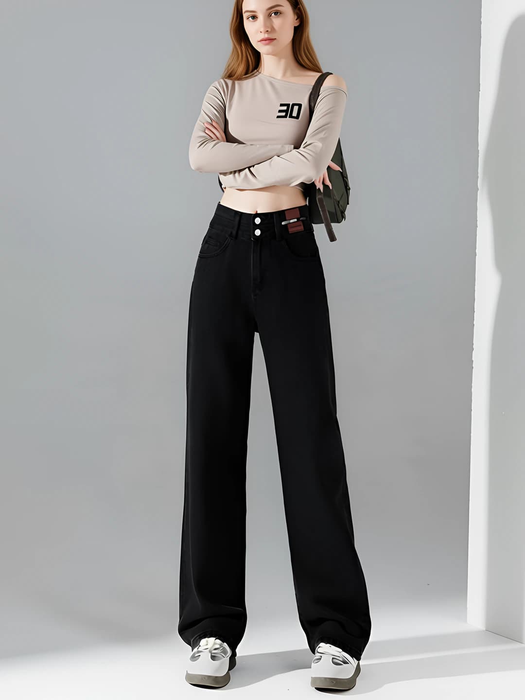 Women's retro wide and flared jeans, fleece-lined, thickened, high waist, slimming, autumn-winter