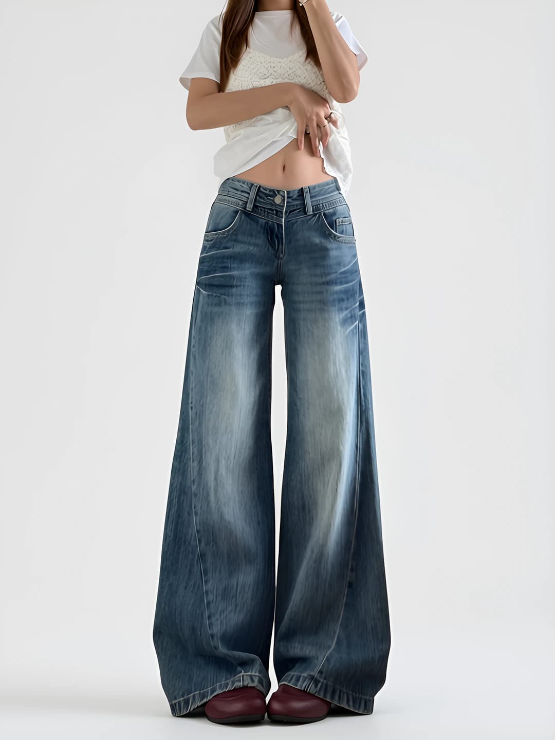 Women's wide and flared jeans, Korean style, low waist, trousers, spring-autumn, slimming, with zip, 50%-70% cotton