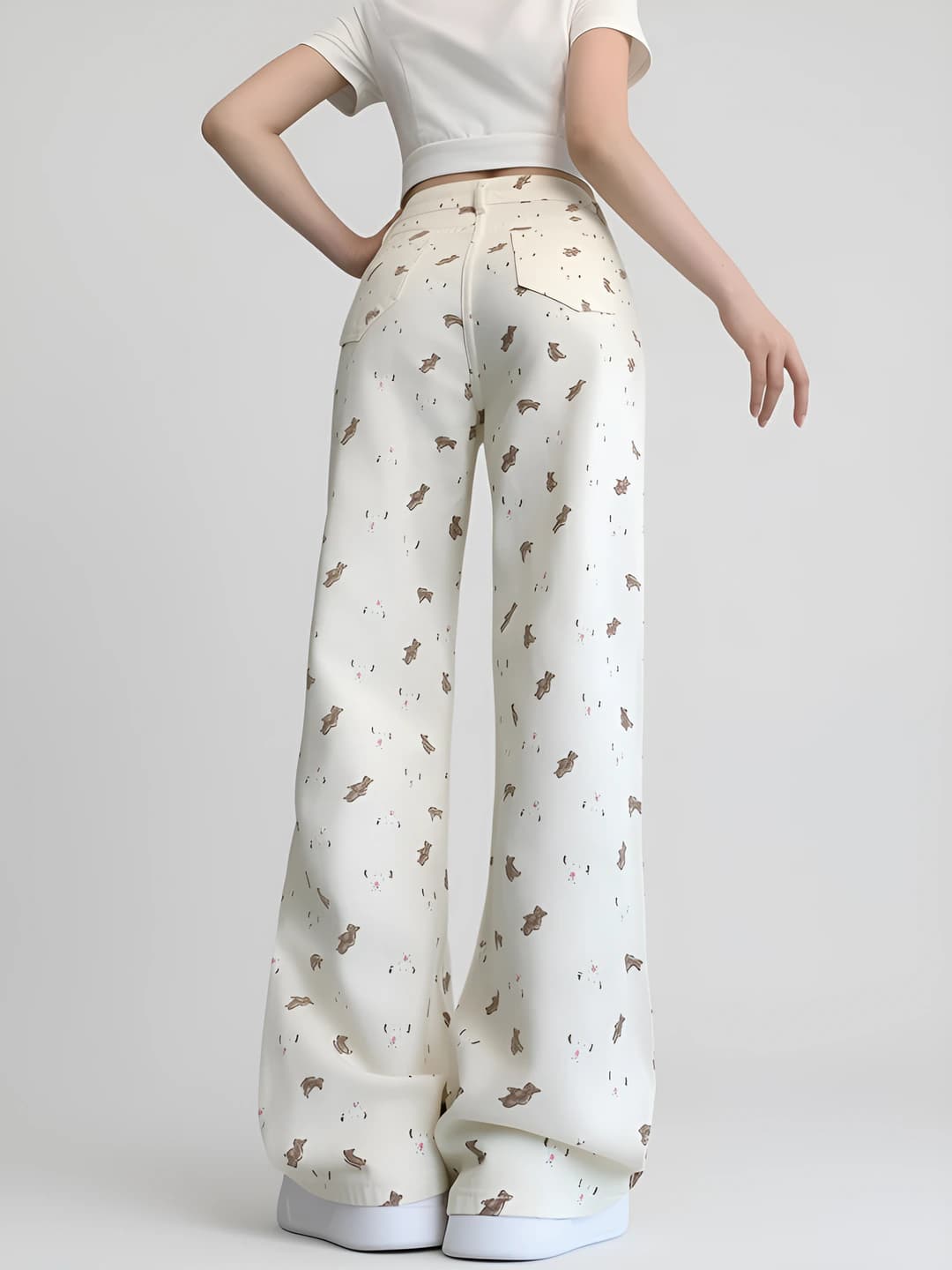 Women's wide and flared jeans: loose fit, high waist, straight cut, slimming, trousers, spring-autumn 2026, printed