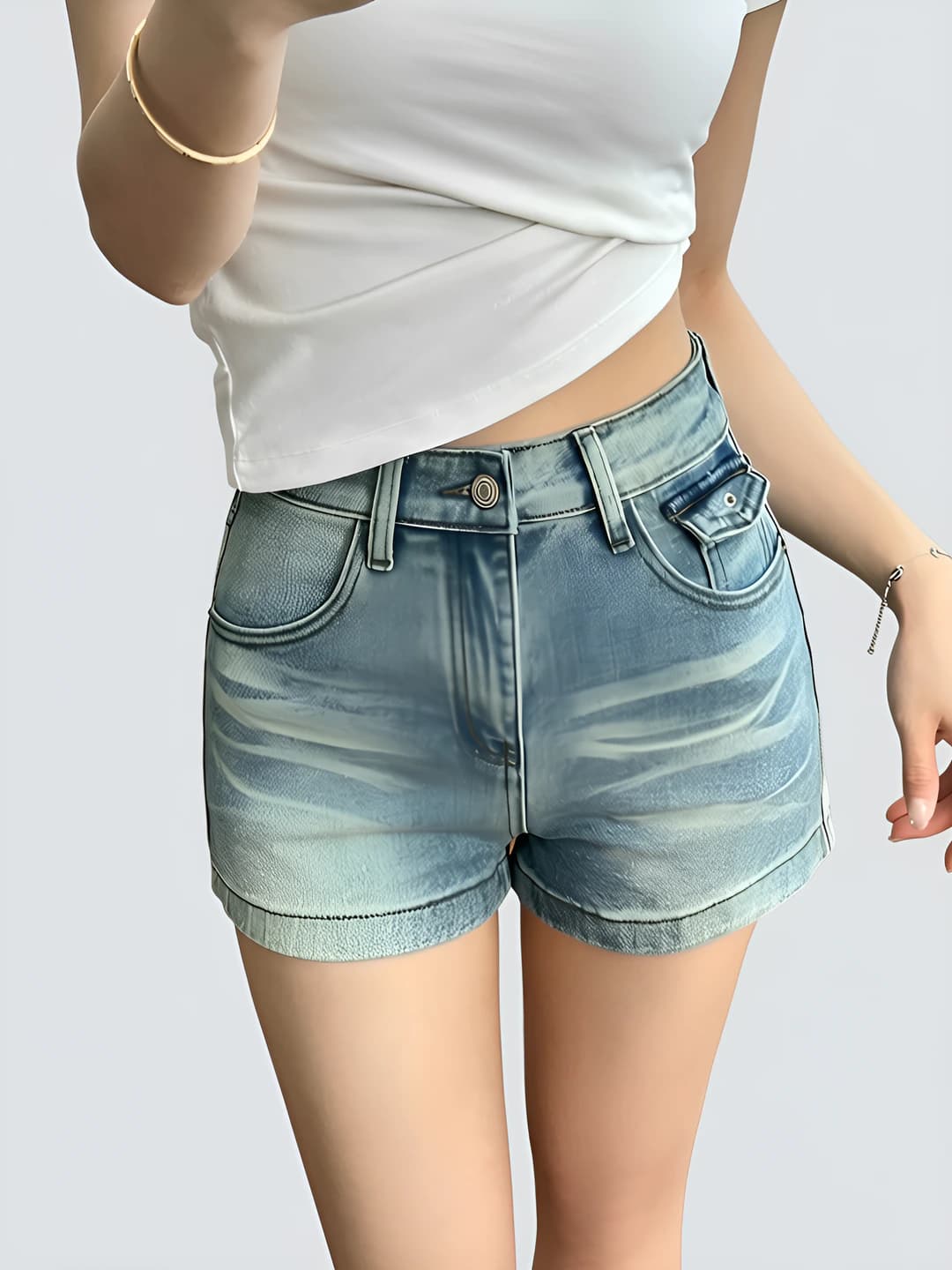 Women's denim shorts, high waist, straight cut, loose fit, casual, spring-summer, washed