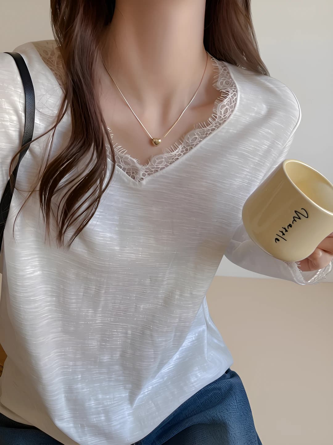 Women's pure cotton V-neck lace loose fit long sleeve long-sleeve base top for autumn-winter