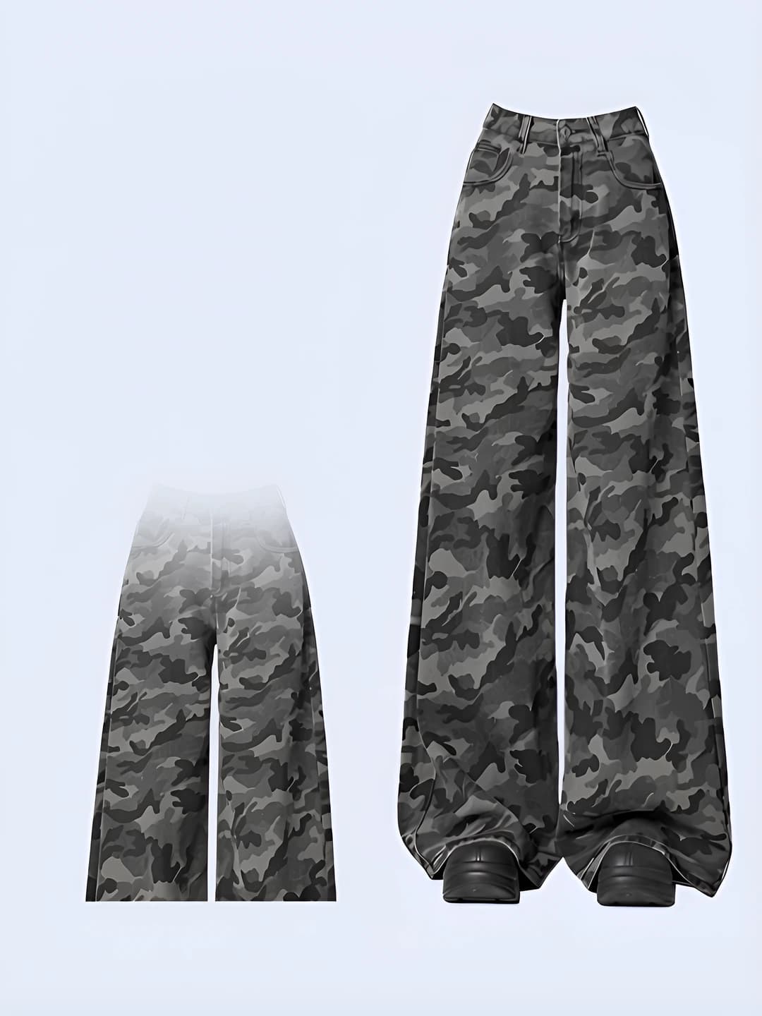 Ayollar uchun keng va klesh jinsi shimlar: retro kamuflyaj, baland bel, to'g'ri kesim, bo'sh (oversize), nozik ko'rsatadigan, uzun shim, bahor-yoz
