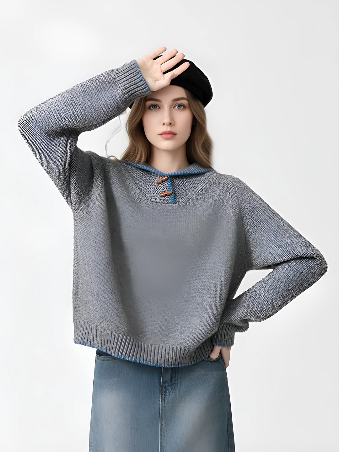 Ayollar uchun kulrang polo yoqali trikotaj sviter, 2026 kuz-qish, bir rangli, bo'sh (oversize) kesim, uzun yeng, kardigan uslubida