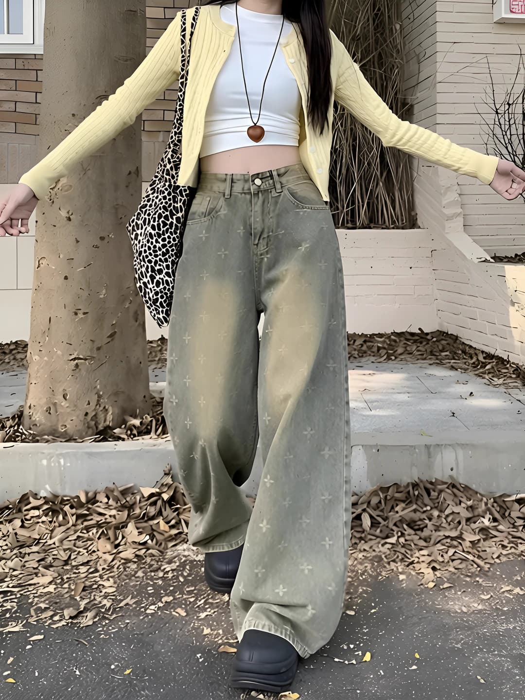 Women's wide and flared jeans, high waist, loose fit, spring-autumn, high street design style