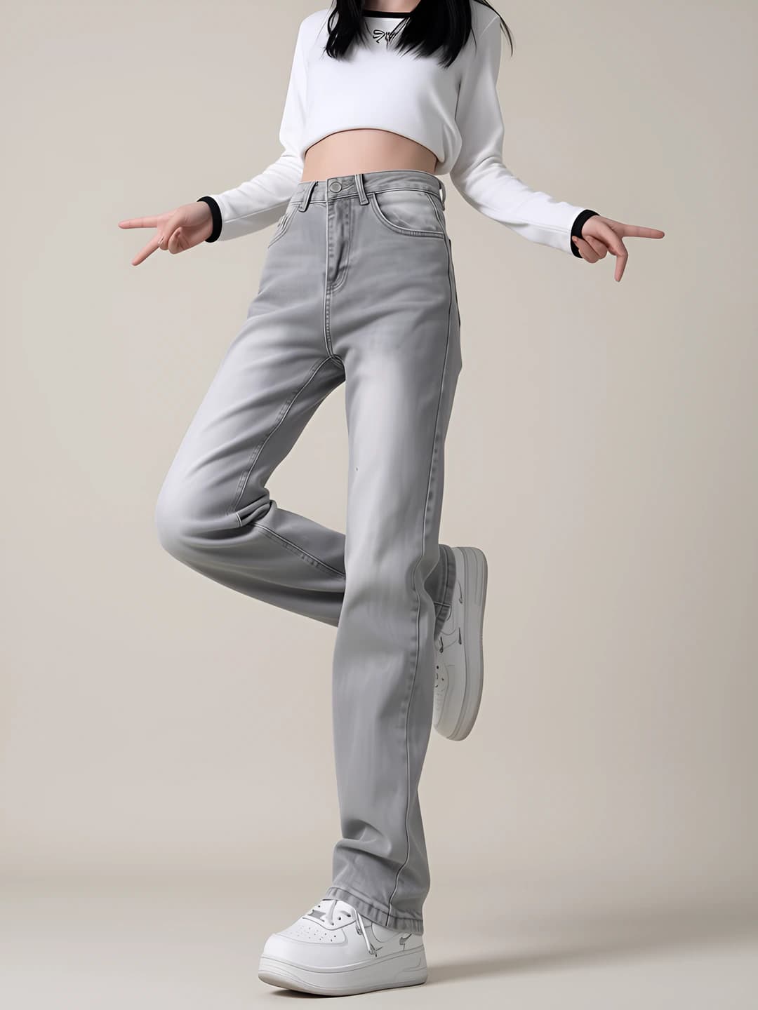 Women's straight cut jeans for autumn, high waist, slim fit, casual style
