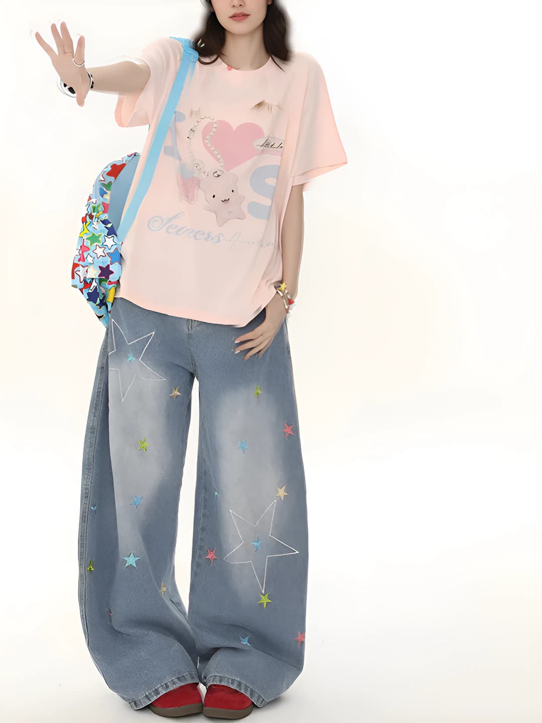 Ayollar uchun retro uslubdagi yulduz kashtali keng va klesh jinsi shim, baland bel, bo'sh (oversize) fit, 50%–70% paxta