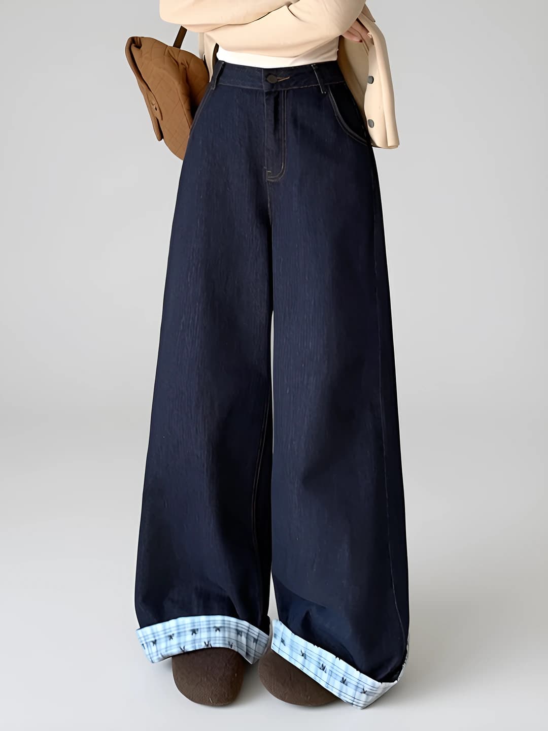 Women's wide-leg jeans for petite spring-summer, high waist, checked, loose fit, trousers