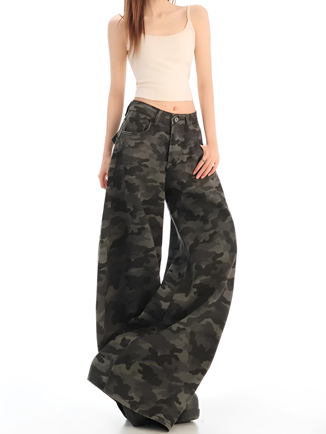 Women's spring-autumn camouflage wide-leg jeans, high waist, loose fit, casual style