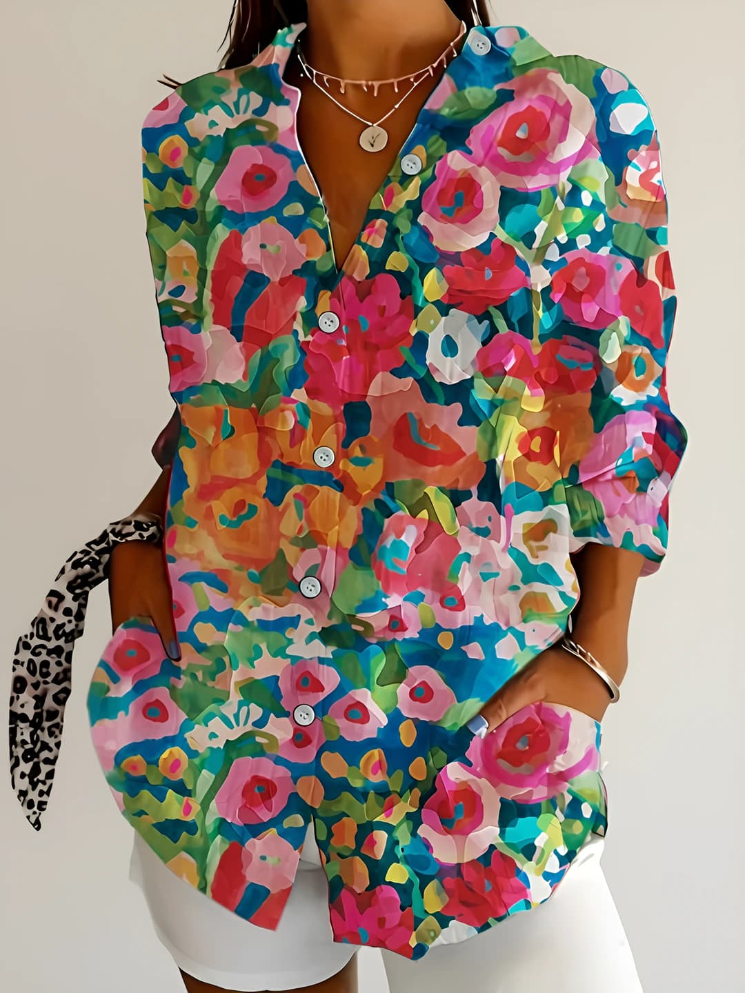 Women's floral print button down jacket, casual blouse