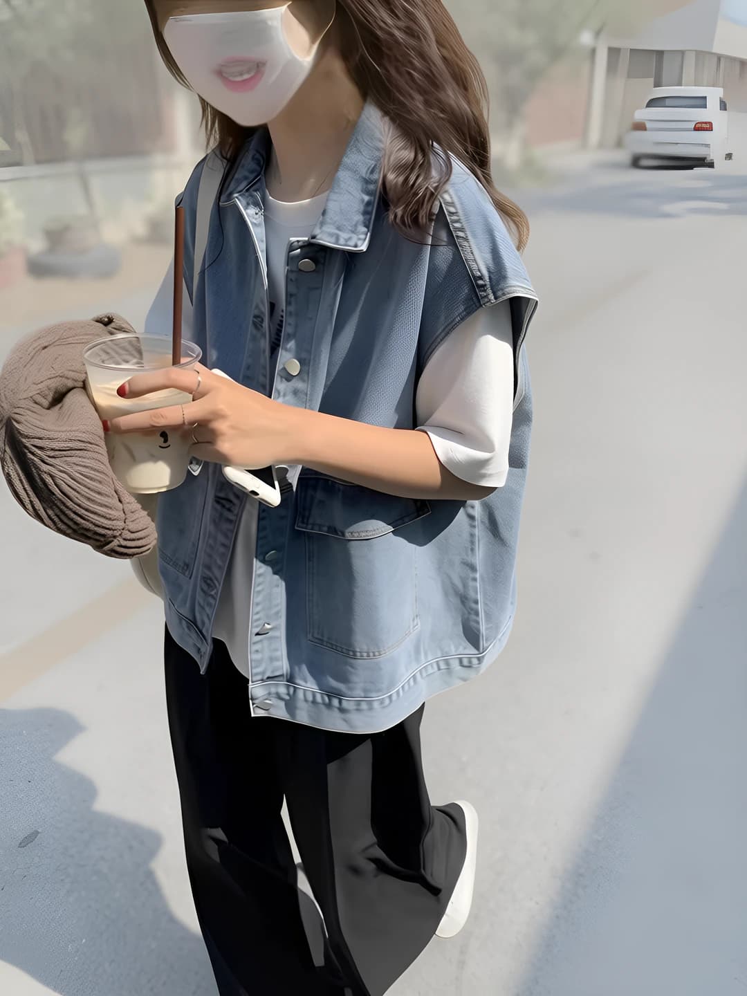 Ayollar uchun yengsiz denim jilet, POLO yoqa, bir rangli, kundalik uslub, bo'sh (oversize) kesim, bahor-kuz