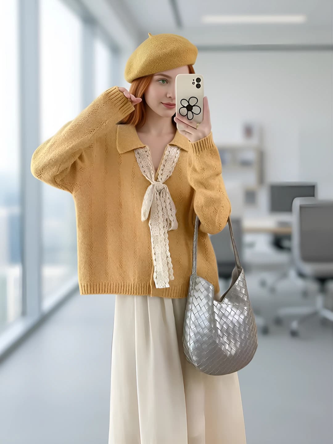Women's cashmere and nylon cardigan, V-neck, lapel collar, long sleeve, solid colour, autumn-winter