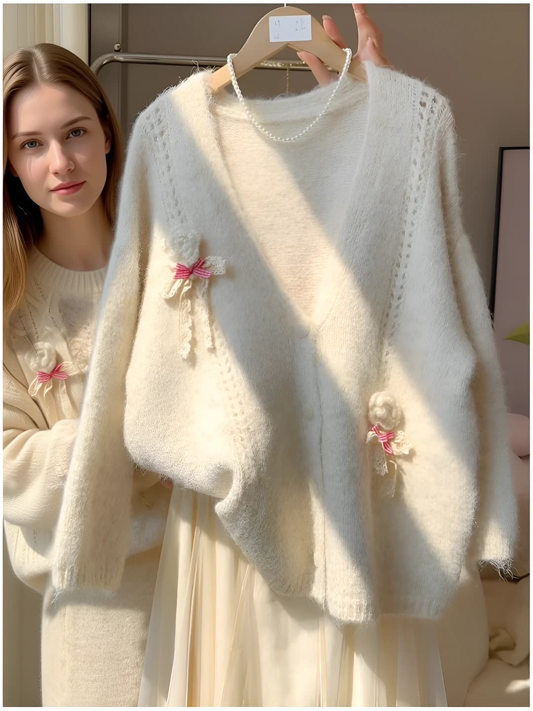 Women's retro V-neck long sleeve loose fit slimming solid colour knit cardigan