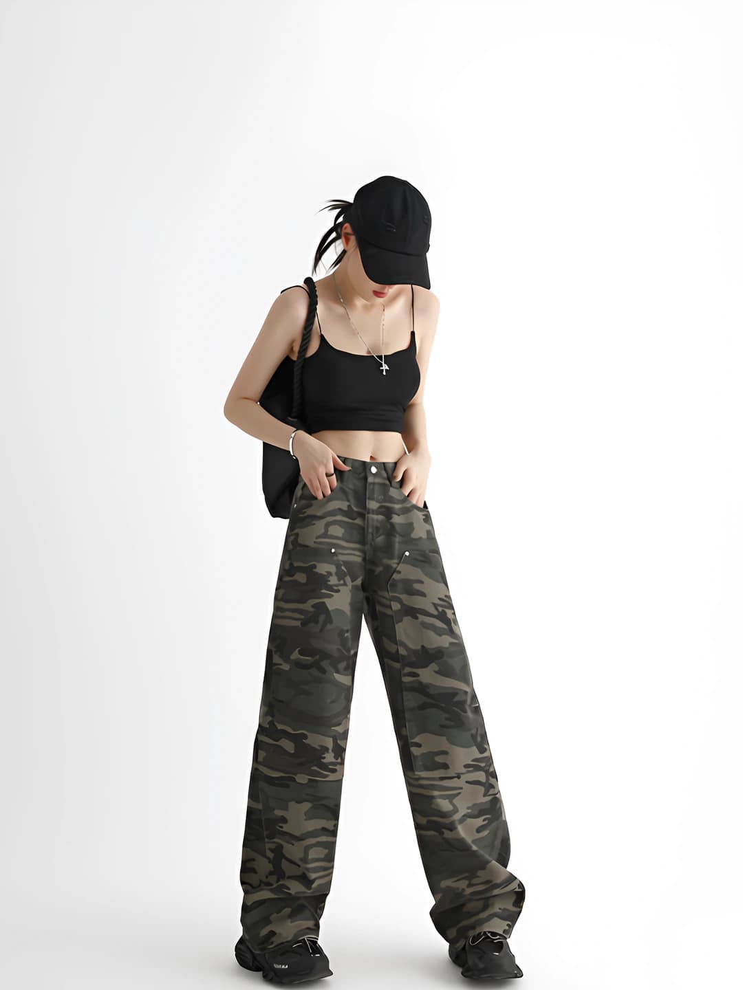 Women's 2026 spring-autumn camouflage jeans, high waist, straight cut, loose fit, casual