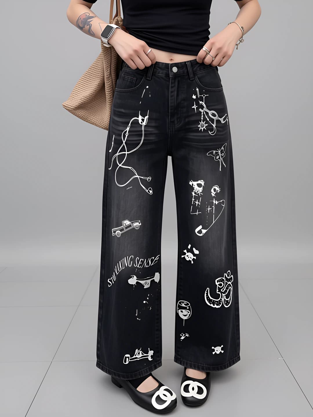 Ayollar uchun keng va klesh jinsi shimlar, bahor-kuz, bosma naqshli, bo'sh (oversize), baland bel, nozik ko'rsatadigan, to'g'ri kesim, fermuarli