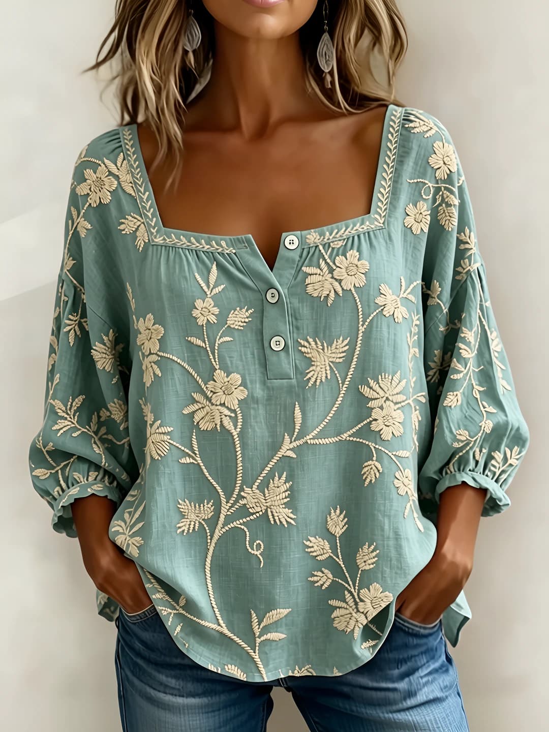Women's summer printed blouse, loose fit, U-neck, 3D pattern, t-shirt