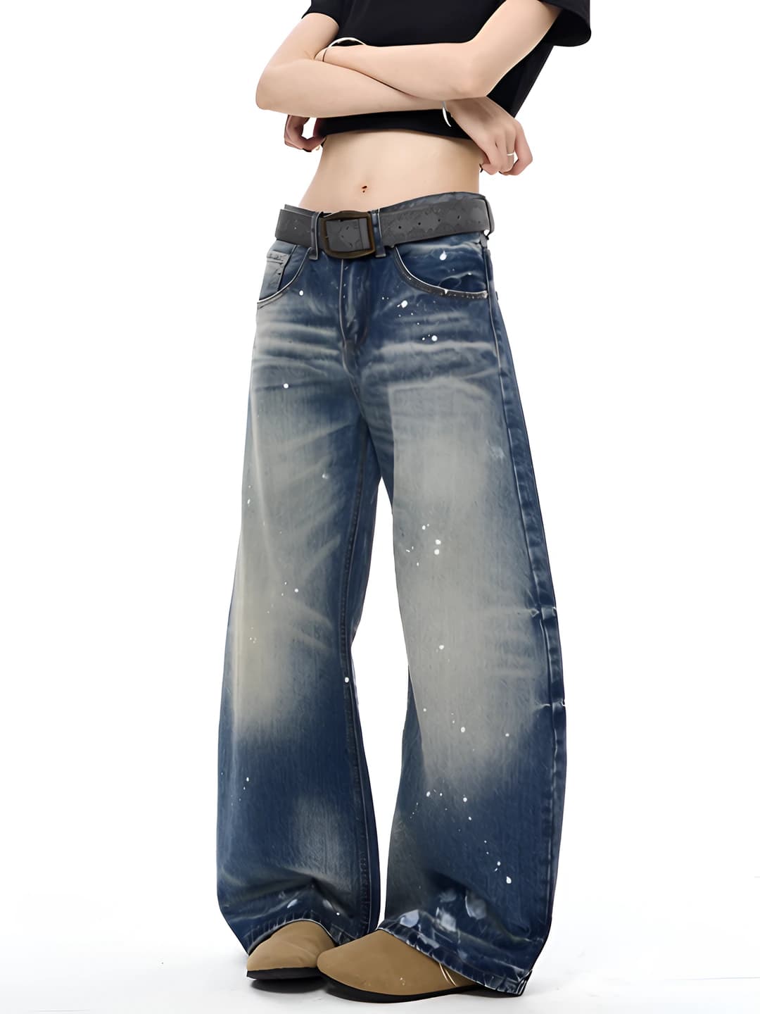 Ayollar uchun keng va klesh jinsi shimlar: retro, bo'sh (oversize), baland bel, uzun shim, kundalik uslub, jinsi mato