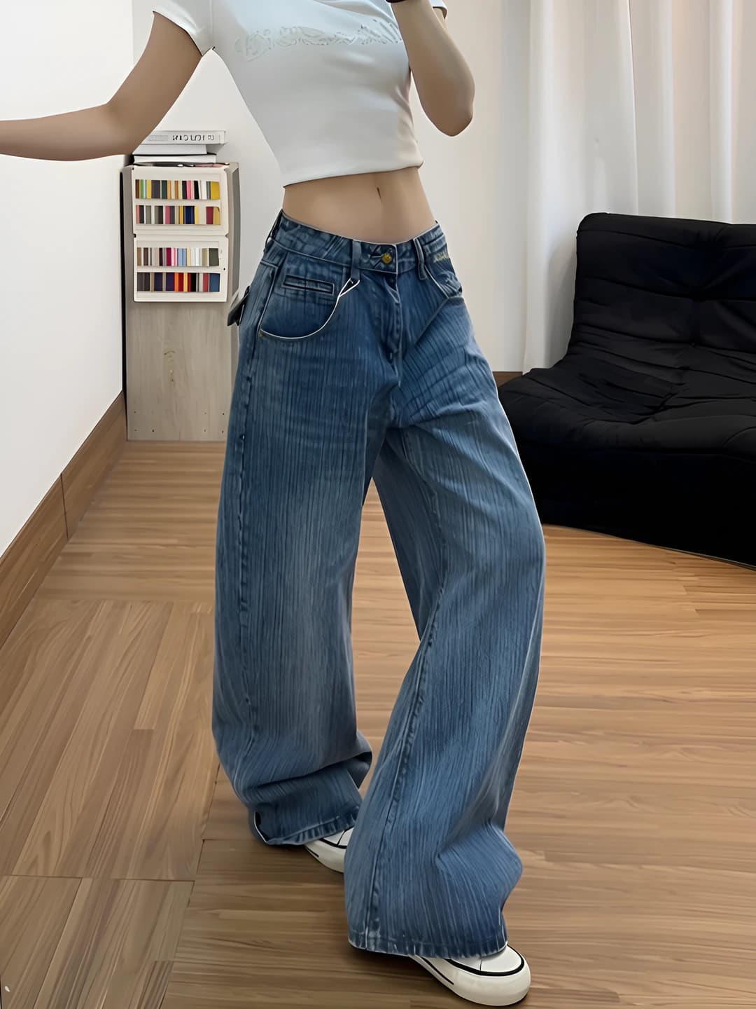 Ayollar uchun keng va klesh jinsi shimlar, baland bel, bo'sh (oversize) to'g'ri kesim, bahor-kuz, nozik ko'rsatadigan, uzun shim, fermuar, 50% (gacha) - 70% (dan yuqori) paxta