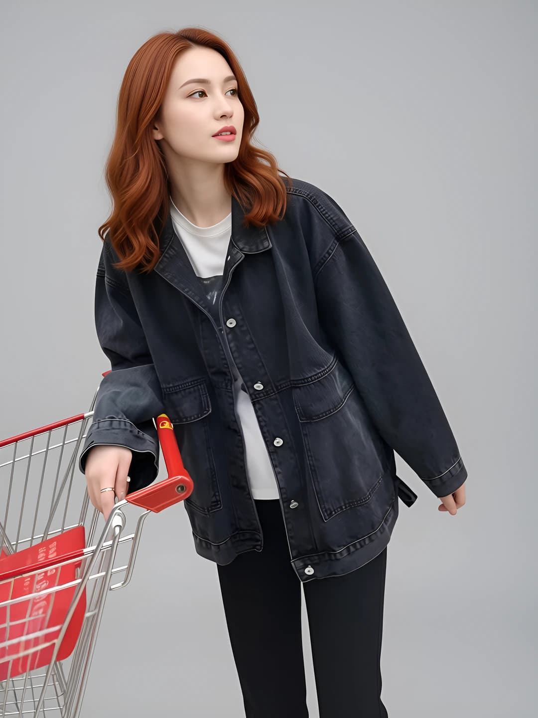 Ayollar uchun 2026 bahor-kuz koreys uslubida retro denim kurtka, bo'sh (oversize) kesim, o'rta-uzun, POLO yoqa, uzun yeng