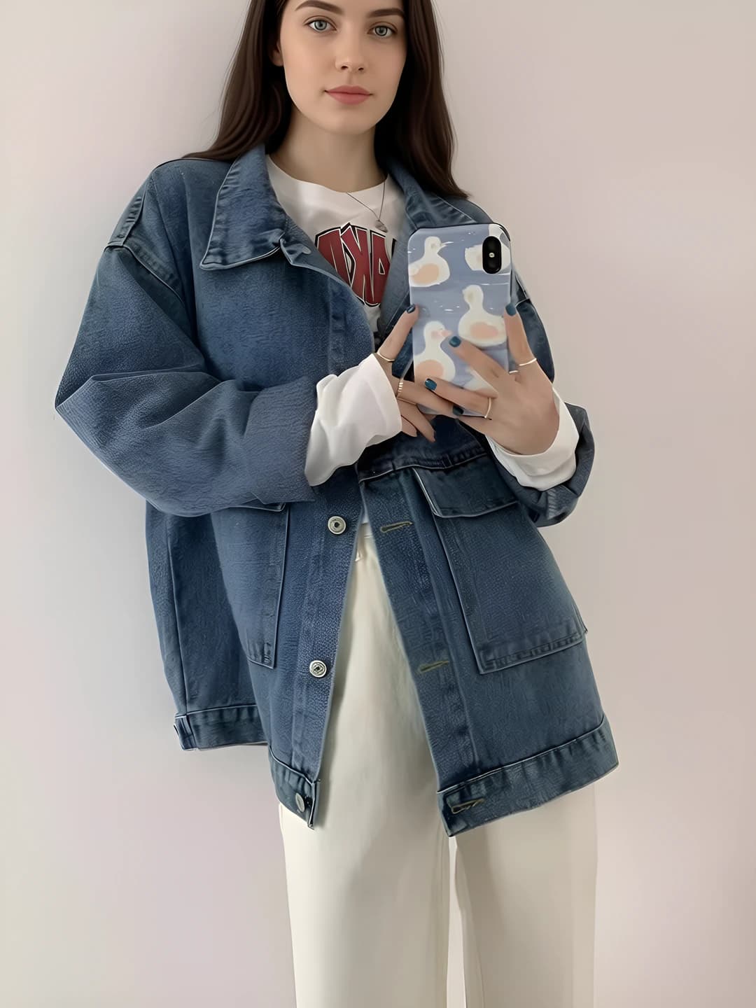 2026 bahor-kuz ayollar uchun koreys uslubidagi bo'sh (oversize) o'rta-uzun denim kurtka, uzun yeng, POLO yoqa, kundalik uslub