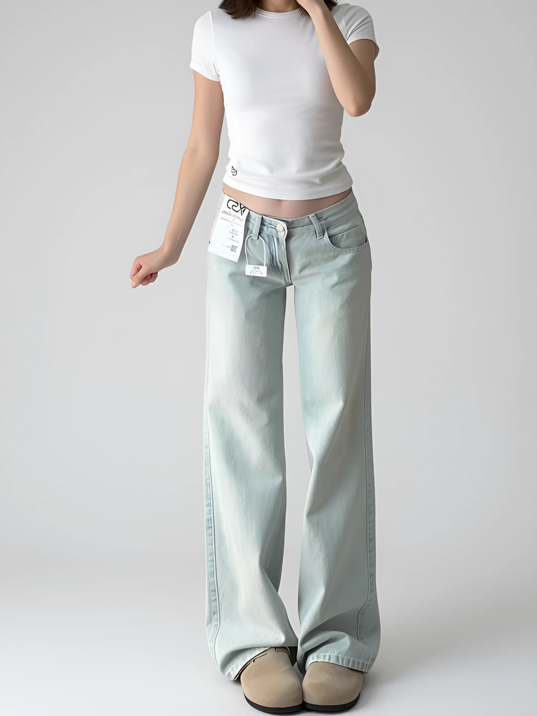 Women's wide and flared jeans, high waist, trousers, straight cut, slimming, spring-autumn, with zip, 50%-70% cotton