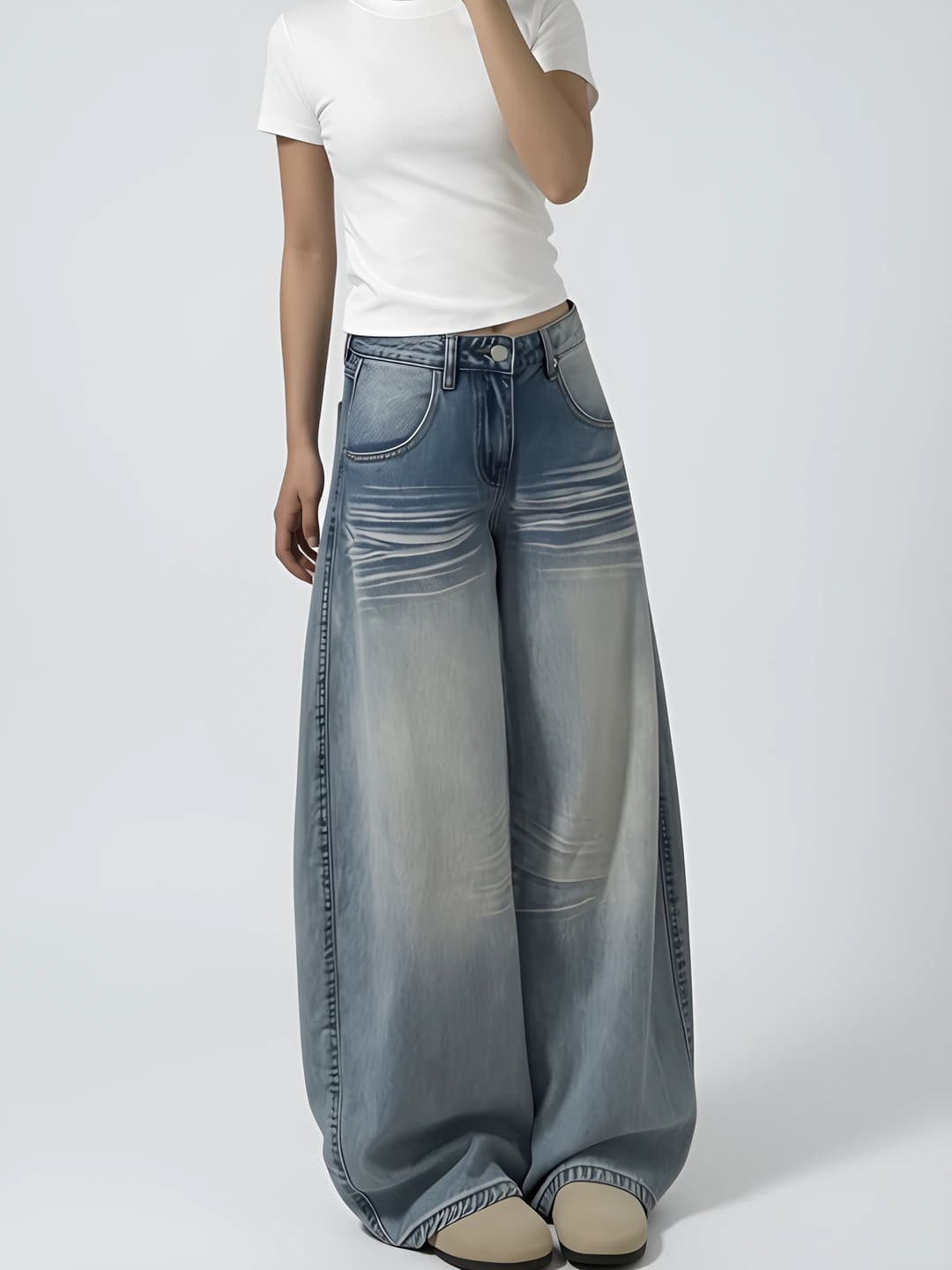 Women's wide and flared jeans for spring-autumn, high waist, loose fit, 50%-70% cotton, casual style