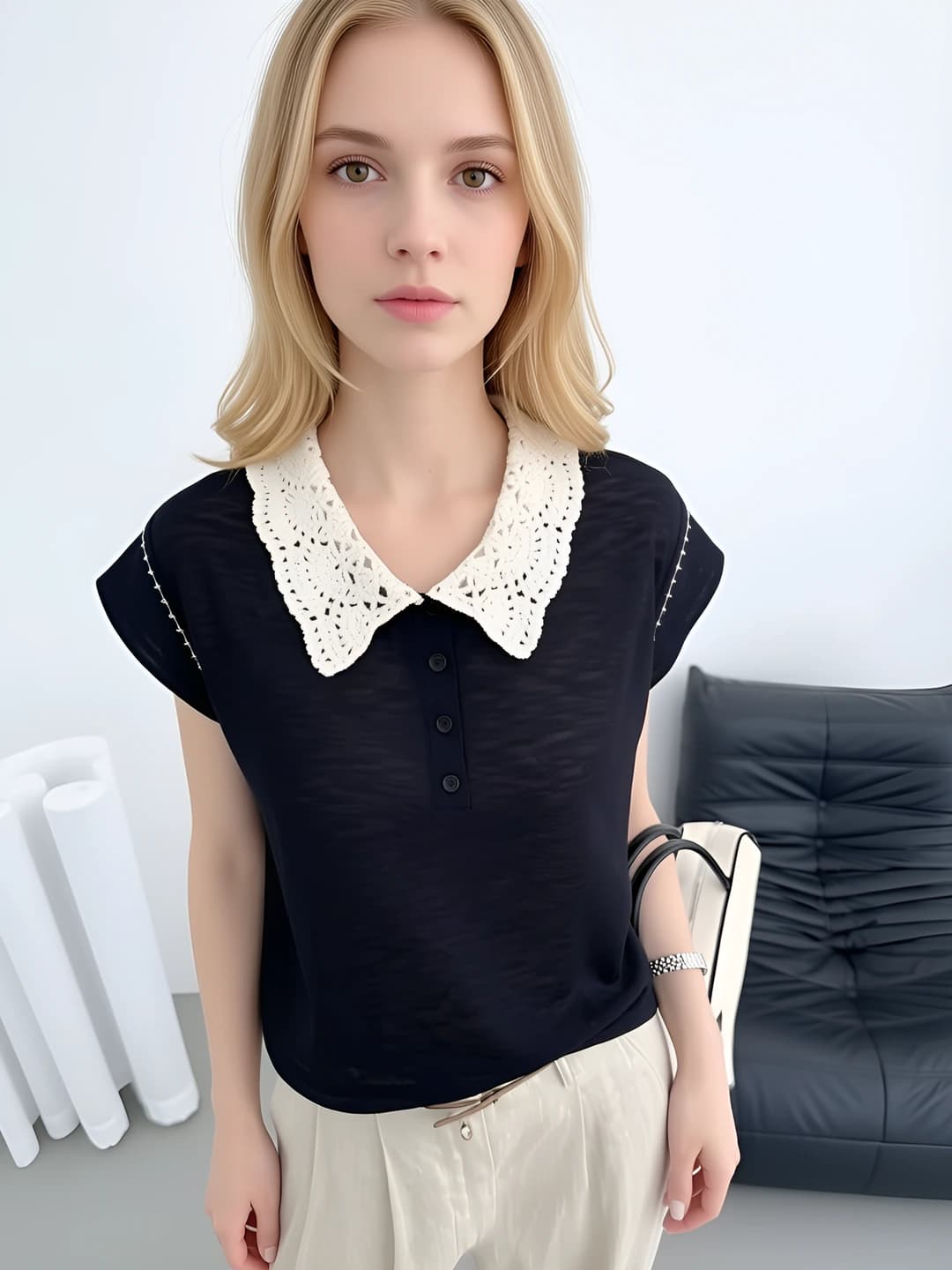 Women's 2026 summer knit top, loose fit and slimming, short sleeve, crew neck, solid colour, slim fit cropped knit top