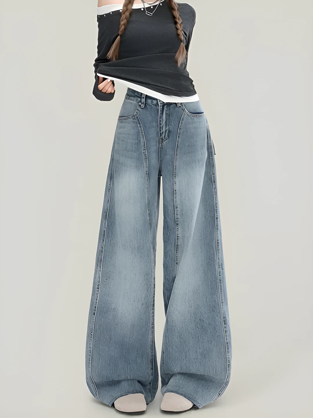 Ayollar uchun keng va klesh jinsi shimlar, baland bel, bahor-kuz, bo'sh (oversize) va nozik ko'rsatadigan