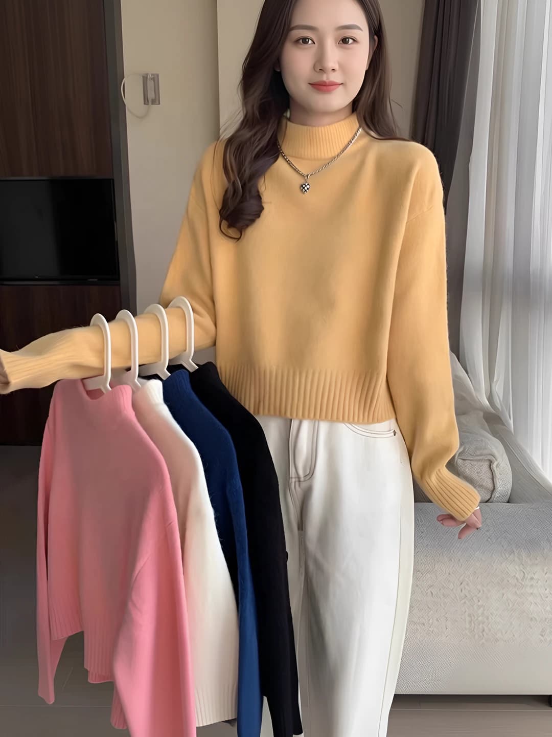 Women's 2026 autumn-winter mock neck solid colour thickened loose fit sweater, long sleeve, retro style