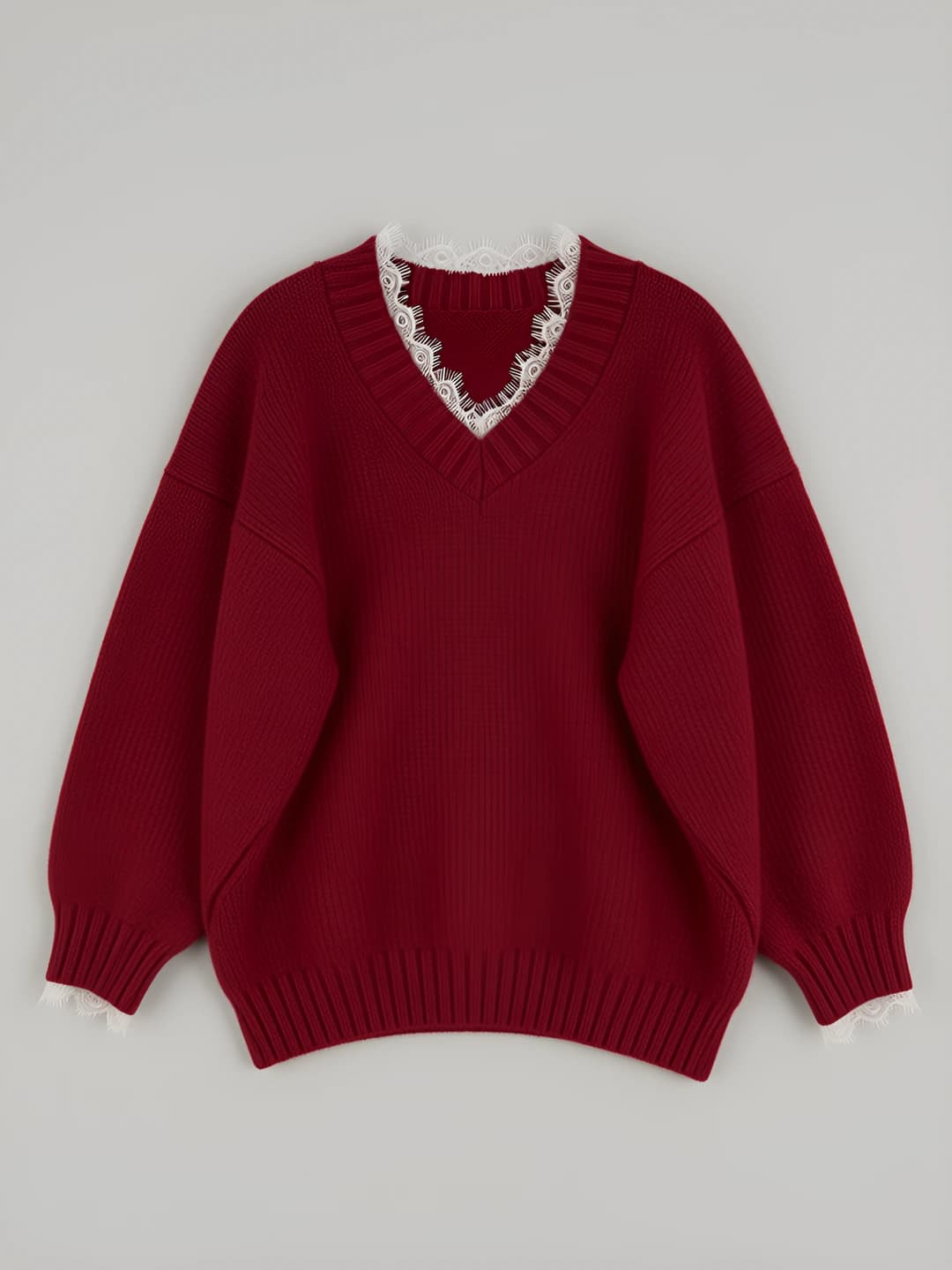 Women's V-neck lace-trim knit sweater, warm casual pullover for autumn-winter