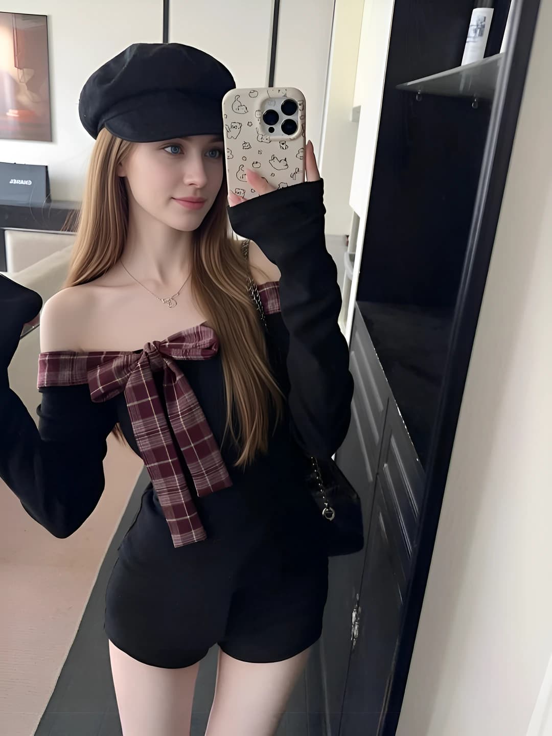 Women's off-shoulder long-sleeve top: slim fit, slimming, plaid pattern, patchwork, bow design, autumn t-shirt